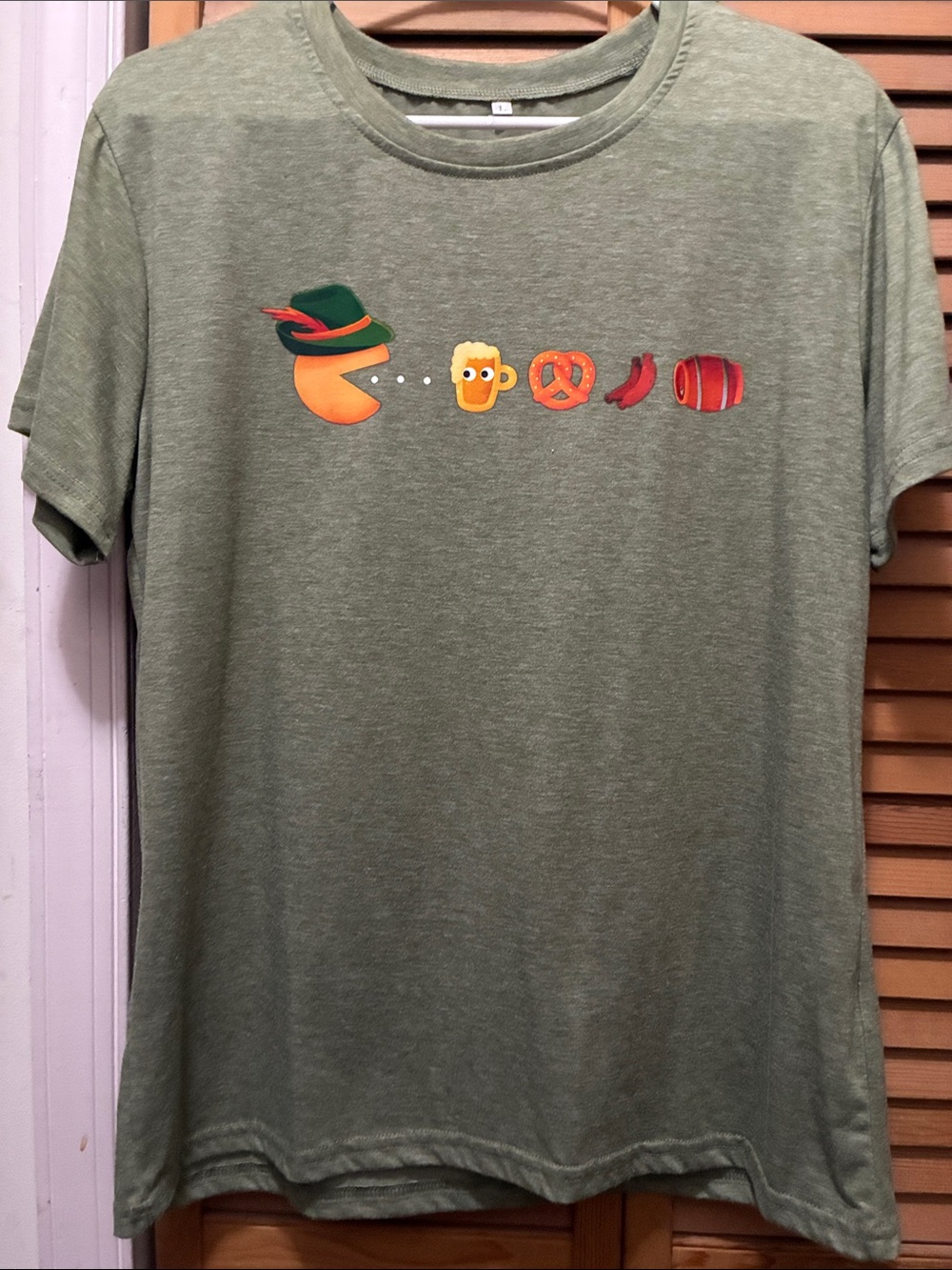 Amazon Women's Olive Green Short Sleeve Tee with Oktoberfest Emoji Graphic